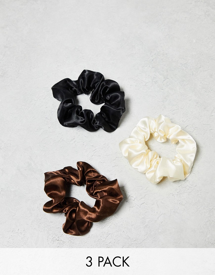 ASOS DESIGN pack of 3 scrunchie hair bands in satin design in multi