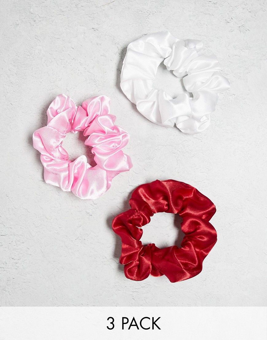 ASOS DESIGN pack of 3 scrunchie hair bands in satin design in red pink and white-Multi