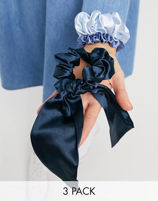ASOS DESIGN pack of 3 scrunchies and bow in mixed size in blues