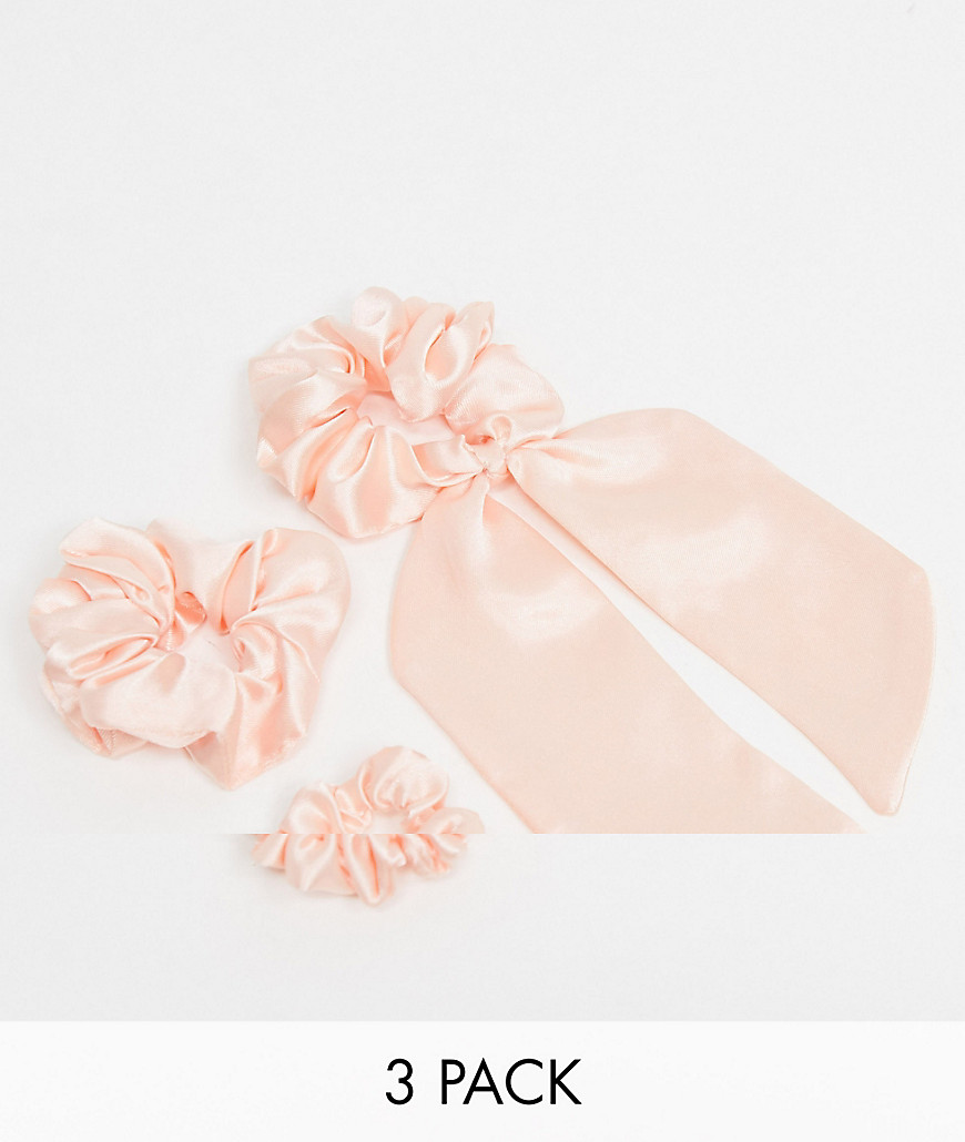 ASOS DESIGN pack of 3 scrunchies and bow in mixed size-Pink