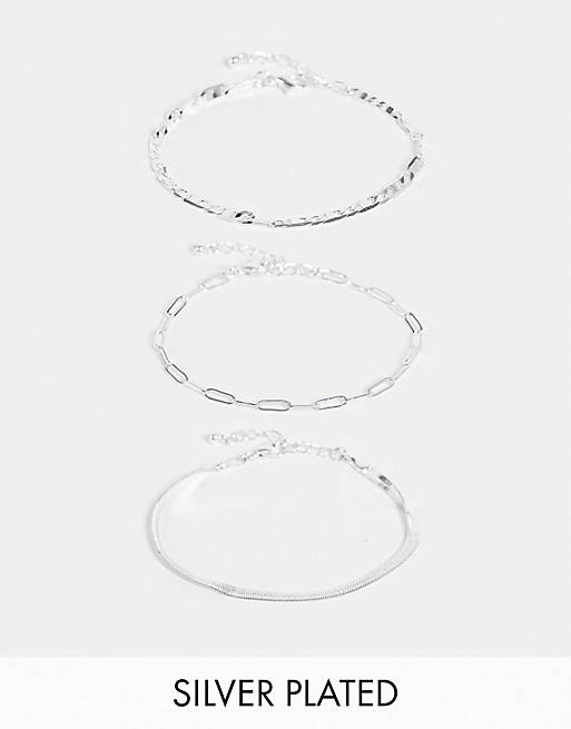 ASOS DESIGN pack of 3 silver plated fine bracelets in mixed chain in silver tone