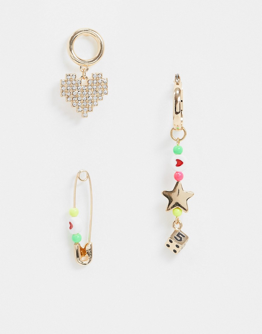 ASOS DESIGN pack of 3 single earrings with playful bead drops and safety pin in gold tone