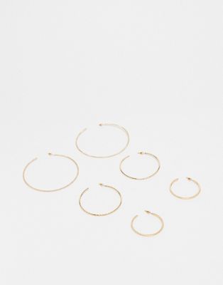 ASOS DESIGN pack of 3 skinny hoop earrings with engraved design in gold tone