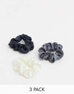 ASOS DESIGN pack of 3 skinny scrunchies in black white gray satins