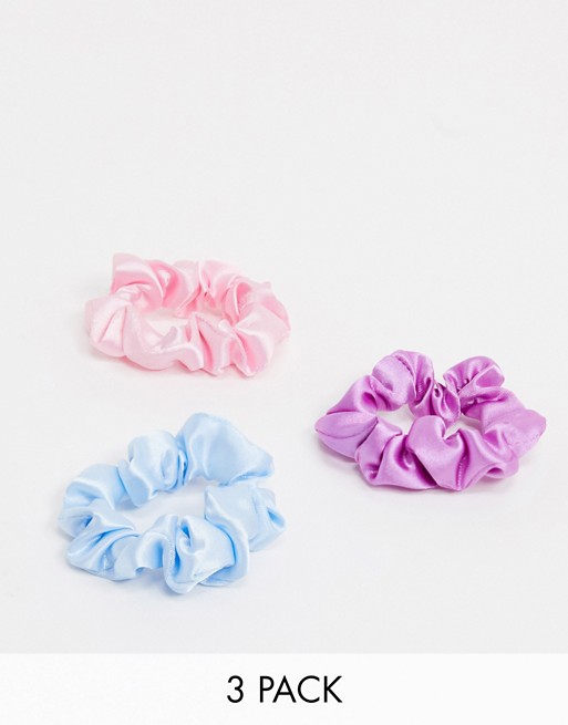 ASOS DESIGN pack of 3 skinny scrunchies in blue pink lilac satins