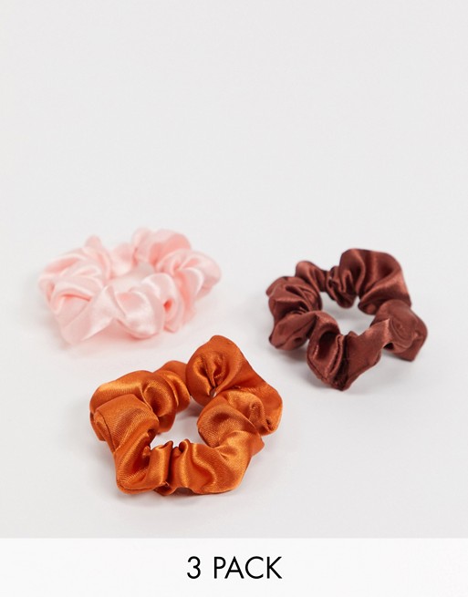 ASOS DESIGN pack of 3 skinny scrunchies in brown rust pink satin's