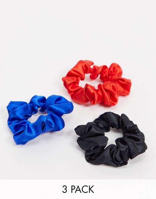 ASOS DESIGN pack of 3 skinny scrunchies in red blue black satin's
