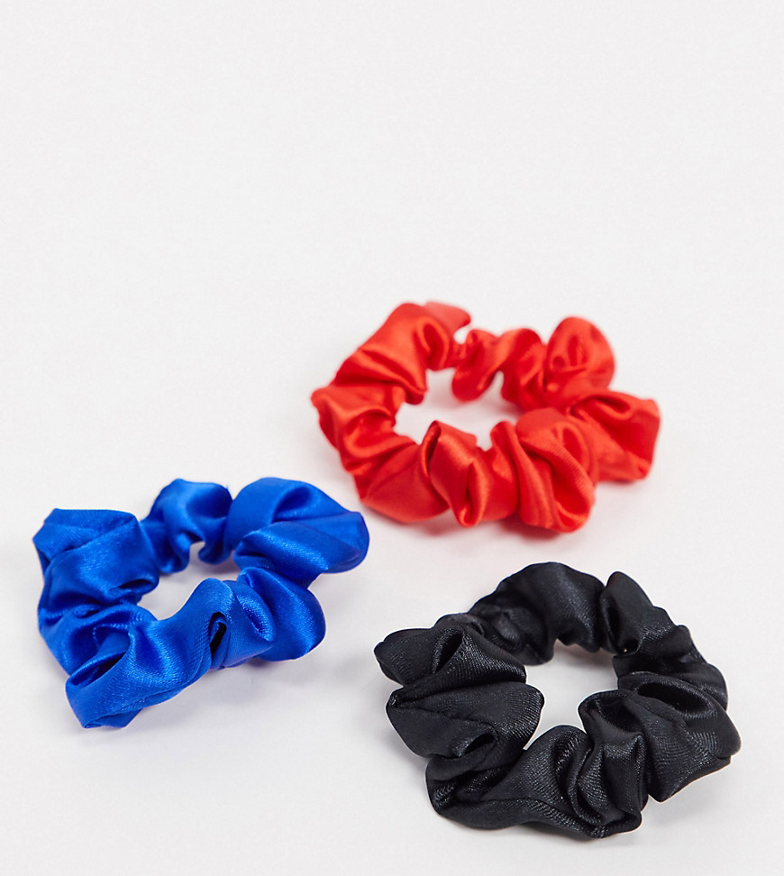 ASOS DESIGN pack of 3 skinny scrunchies in red blue black satin's-Multi