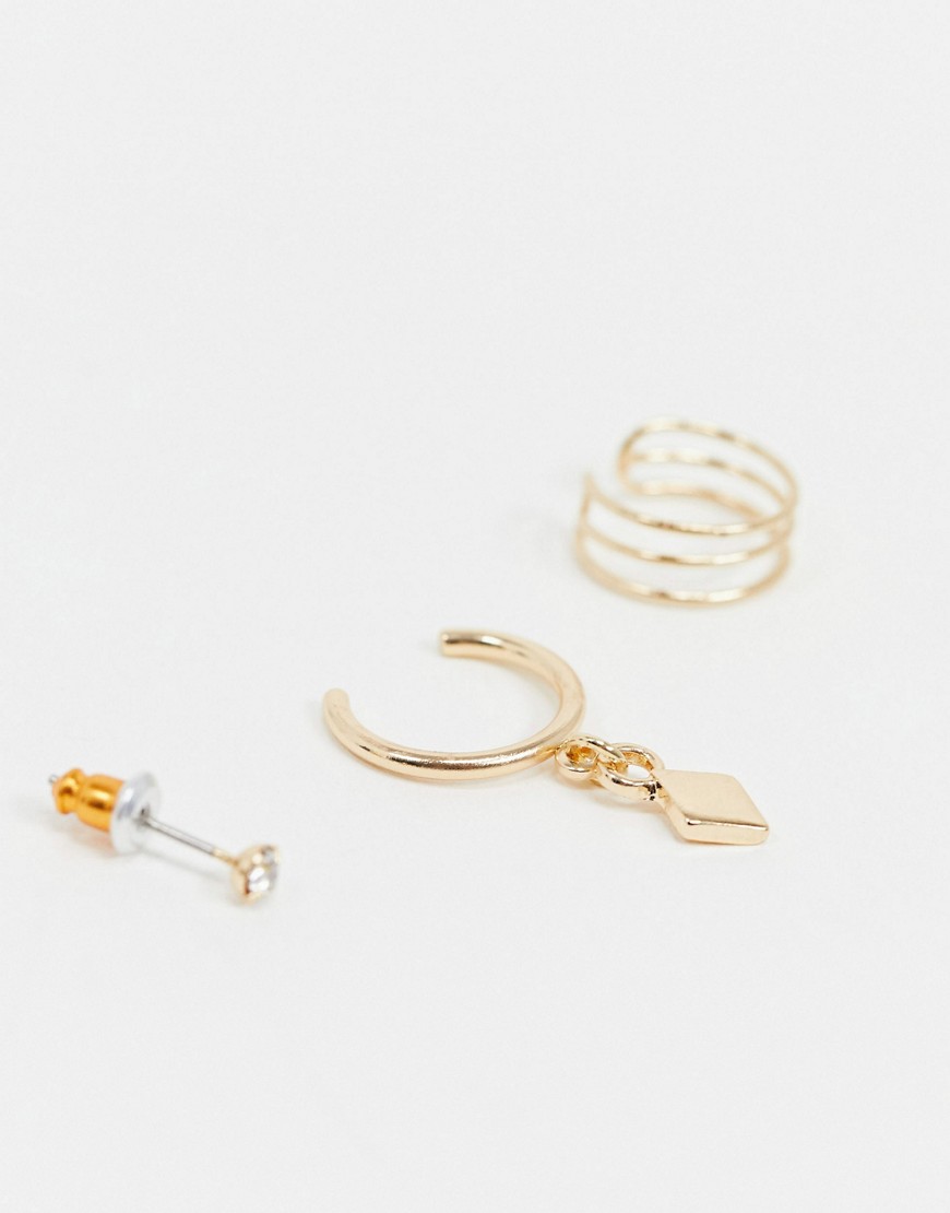 ASOS DESIGN pack of 3 stud and ear cuffs with charm and triple row design in gold tone