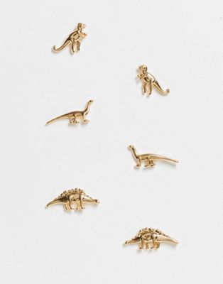 ASOS DESIGN pack of 3 stud earrings in dinosaur design in gold tone
