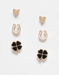[ASOS DESIGN] ASOS DESIGN pack of 3 stud earrings with clean floral design in black, white and gold tone No Size Gold And Black