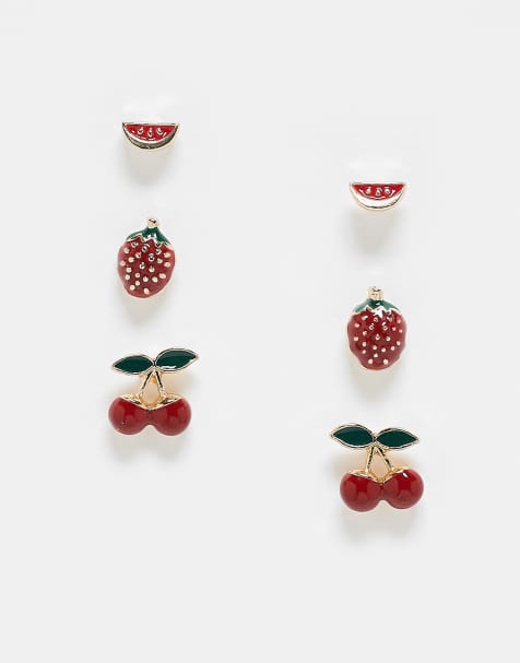 ASOS DESIGN pack of 3 stud earrings with enamel fruit detail in multi - view 1