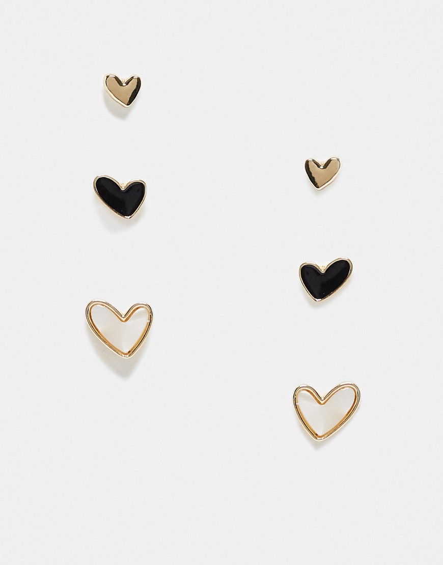ASOS DESIGN pack of 3 stud earrings with faux pearl and black enamel heart design in gold tone