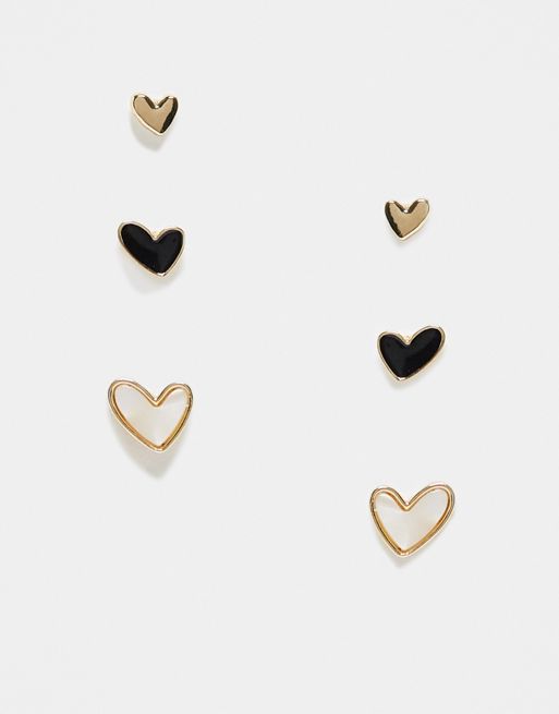 CerbeShops DESIGN pack of 3 stud earrings with faux pearl and black enamel heart design in gold tone