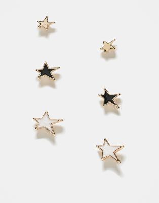 pack of 3 stud earrings with faux pearl and black enamel star design in gold tone