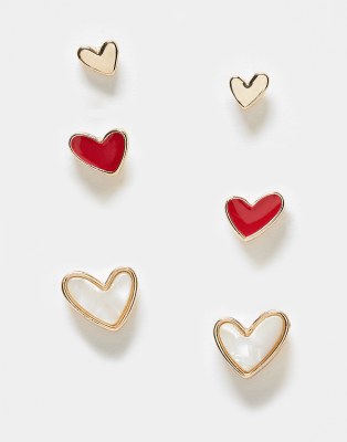 pack of 3 stud earrings with faux pearl and red enamel heart design in gold tone