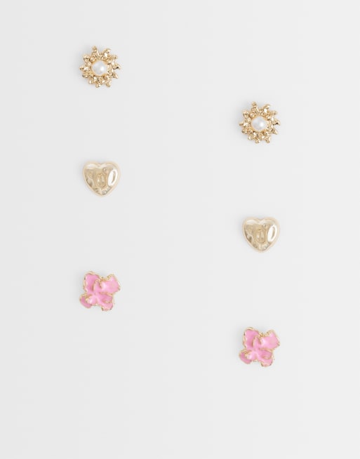 ASOS DESIGN pack of 3 studs with mixed sun, heart and flowers in pink and gold tone, 3 of 4