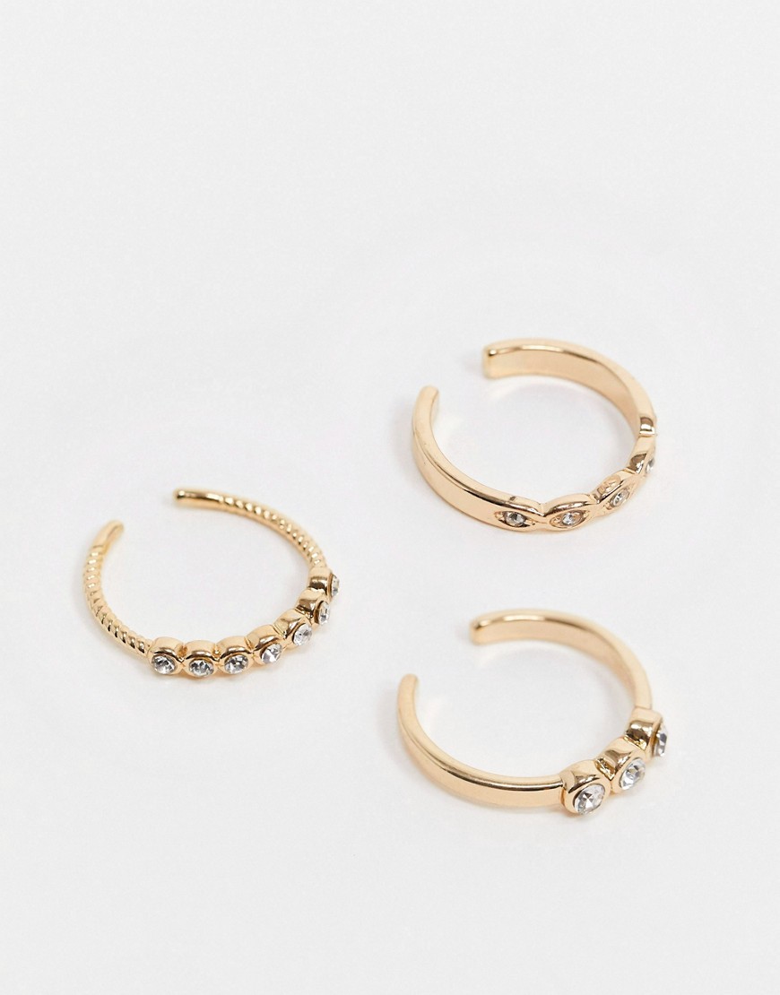 ASOS DESIGN pack of 3 toe rings with tiny crystal details in gold tone
