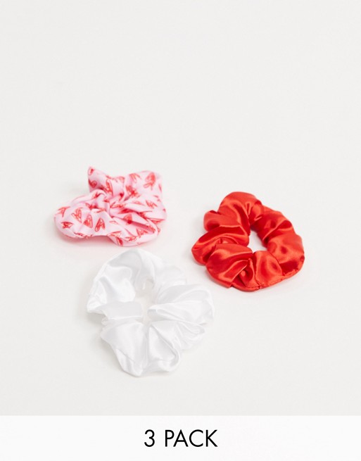 ASOS DESIGN pack of 3 scrunchies in pink and white