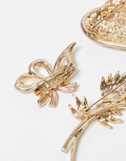 ASOS DESIGN pack of 3 vintage-style brooches in gold tone