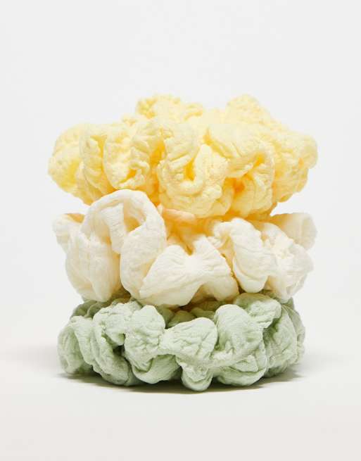 ASOS DESIGN pack of 3 waffle scrunchies in cream, sage and soft yellow, 2 of 3