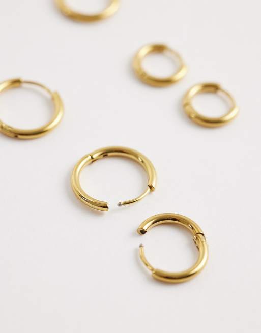 ASOS DESIGN pack of 3 waterproof stainless steel hoops in graduating sizes in gold tone, 3 of 3