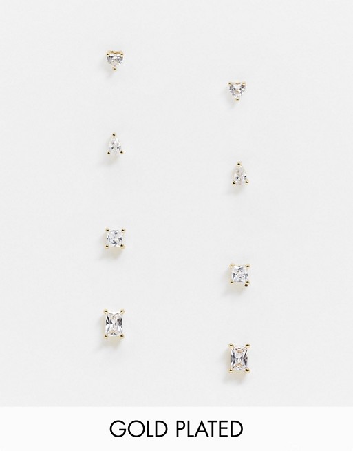 ASOS DESIGN pack of 4 14k gold plated earrings in mixed cubic zirconia studs
