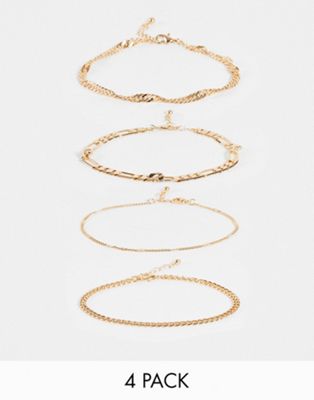 ASOS DESIGN pack of 4 anklets in mixed chains in gold tone