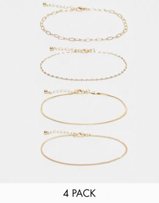 Asos Design Pack Of 4 Anklets With Chain Design In Gold Tone