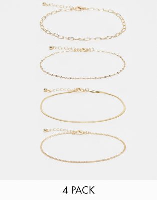  ASOS DESIGN pack of 4 anklets with chain design in gold tone