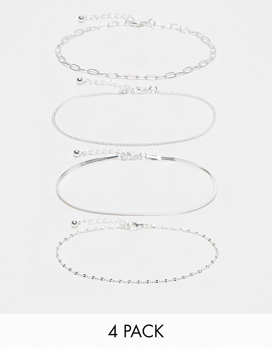 Asos Design Pack Of 4 Anklets With Chain Design In Silver Tone In Metallic