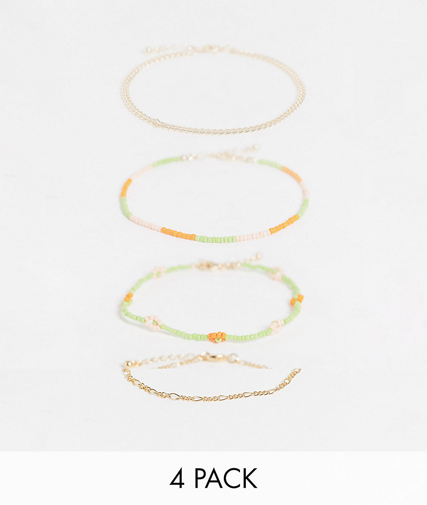 ASOS DESIGN pack of 4 anklets with daisy beads and mixed chains in gold tone