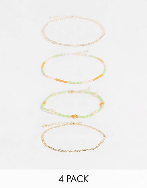 ASOS DESIGN pack of 4 anklets with daisy beads and mixed chains in gold tone