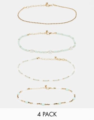 Asos Design Pack Of 4 Anklets With Green And Gold Bead Design-multi