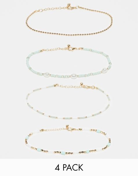 ASOS DESIGN pack of 4 anklets with green and gold bead design - view 1