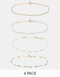 [ASOS DESIGN] ASOS DESIGN pack of 4 anklets with green and gold bead design-Multi No Size Multi