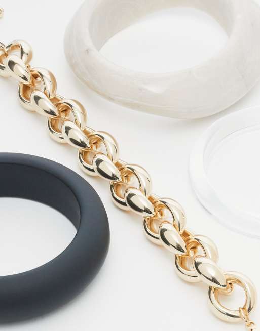 ASOS DESIGN pack of 4 bangles with resin and chain details in black and white
