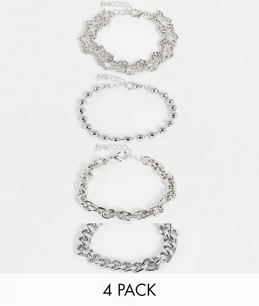 ASOS DESIGN pack of 4 bracelets with butterfly in silver tone