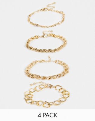 ASOS DESIGN pack of 4 chain bracelets with crystal in gold tone