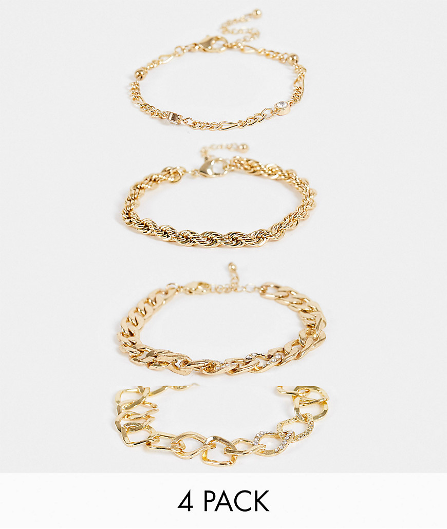 ASOS DESIGN pack of 4 chain bracelets with crystal in gold tone