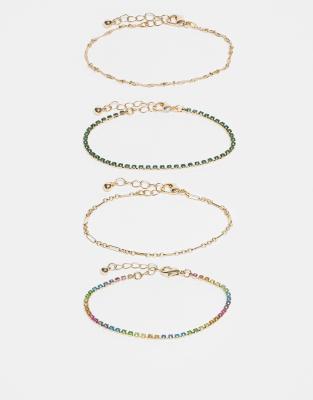 Asos Design Pack Of 4 Fine Bracelets With Multi Colored Sparkly Rhinestones