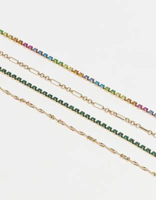 ASOS DESIGN ASOS DESIGN pack of 4 fine bracelets with multi coloured sparkly diamantes in gold tone