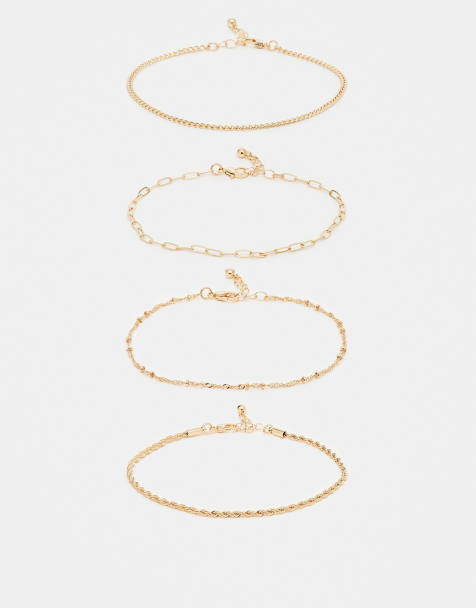 ASOS DESIGN pack of 4 fine chain anklets in gold - view 1