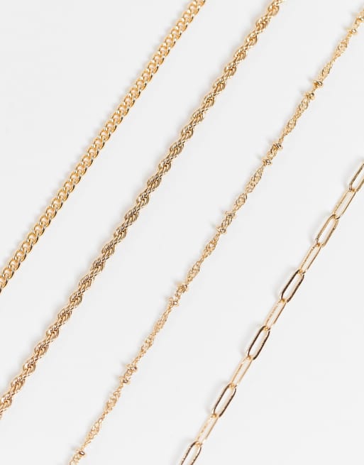 ASOS DESIGN pack of 4 fine chain bracelets in gold tone