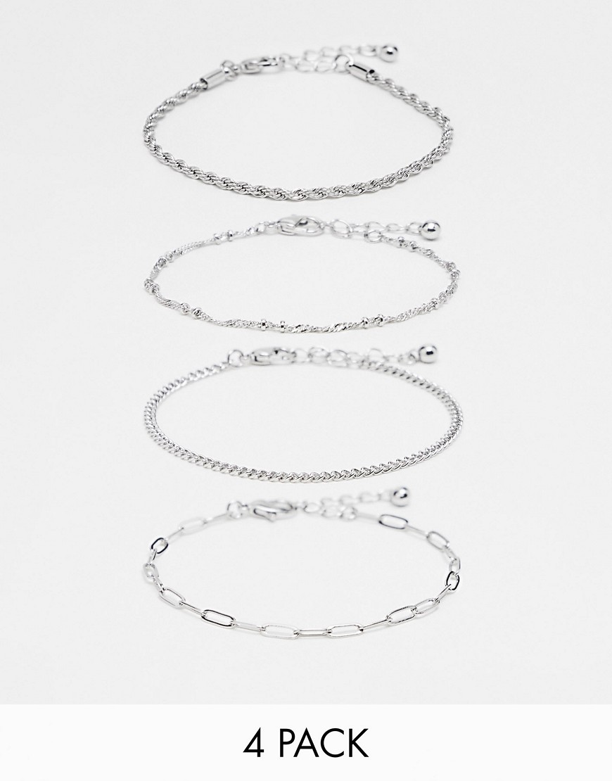 ASOS DESIGN pack of 4 fine chain bracelets in silver tone