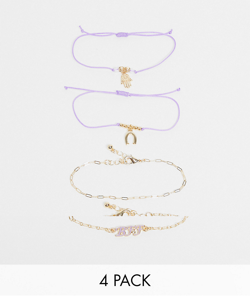 ASOS DESIGN pack of 4 friendship bracelets in purple and gold tone-Multi