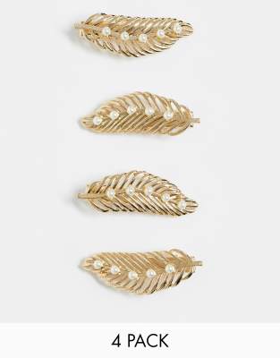 Asos Design Pack Of 4 Hair Clips In Leaf Design With Pearls In Gold Tone ModeSens