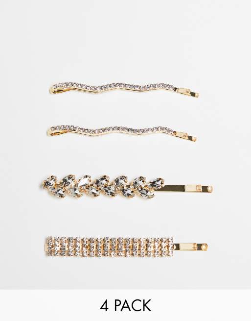 ASOS DESIGN pack of 4 hair clips with crystal detail in gold tone