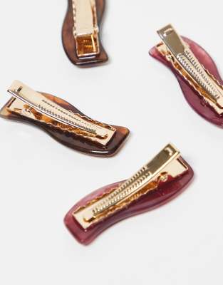 Asos Design Pack Of 4 Hair Clips With Wavy Resin Design-multi In Brown
