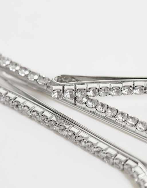 ASOS DESIGN pack of 4 hair slides with crystals in silver tone, 2 of 3